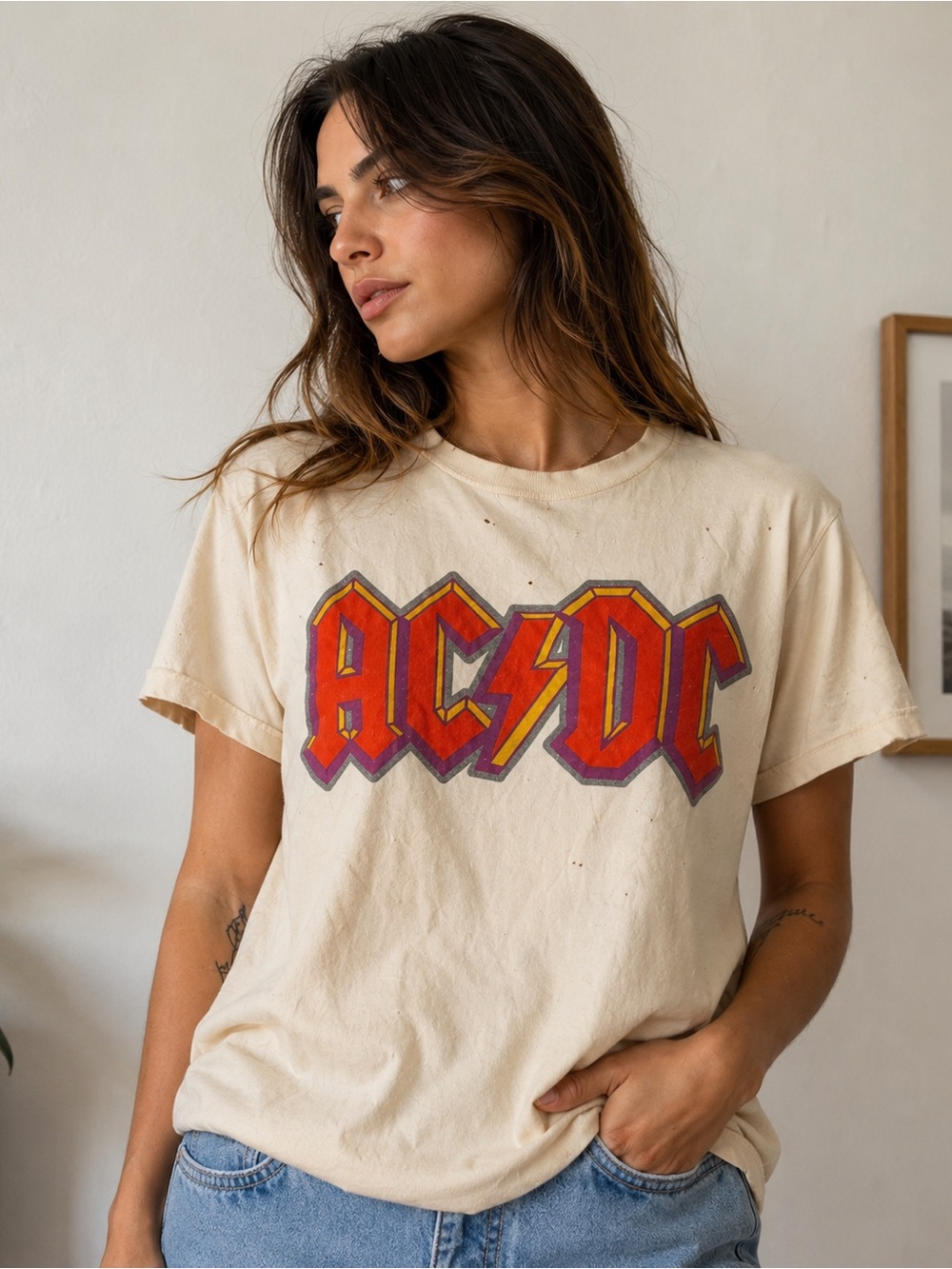 Madeworn AC/DC Graphic Band T-Shirt Made In USA Distressed Cream Tee Size S